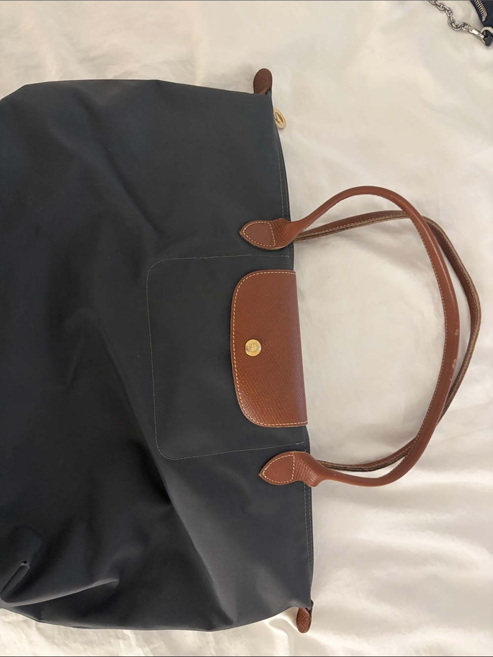 Classic gray and Brown Long champ Tote Bag - Leather Trim